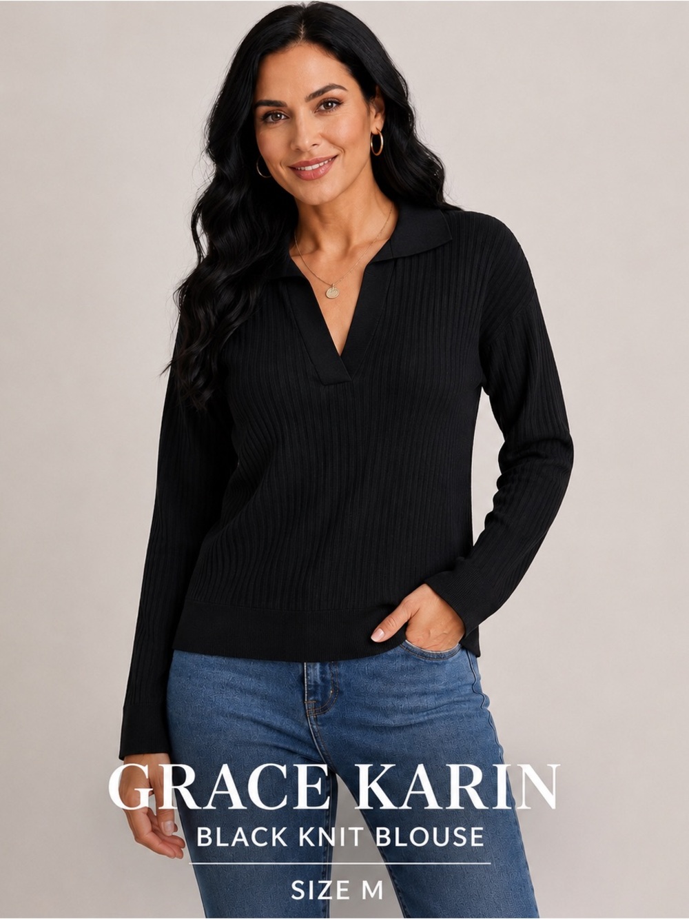 GRACE KARIN women v-neck black minimalist style knit blouse/size M